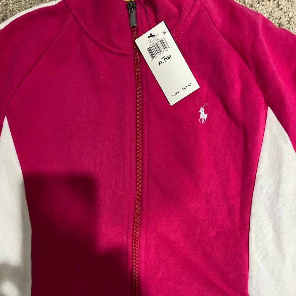 This is a cute comfy pink and white polo sweatsuit